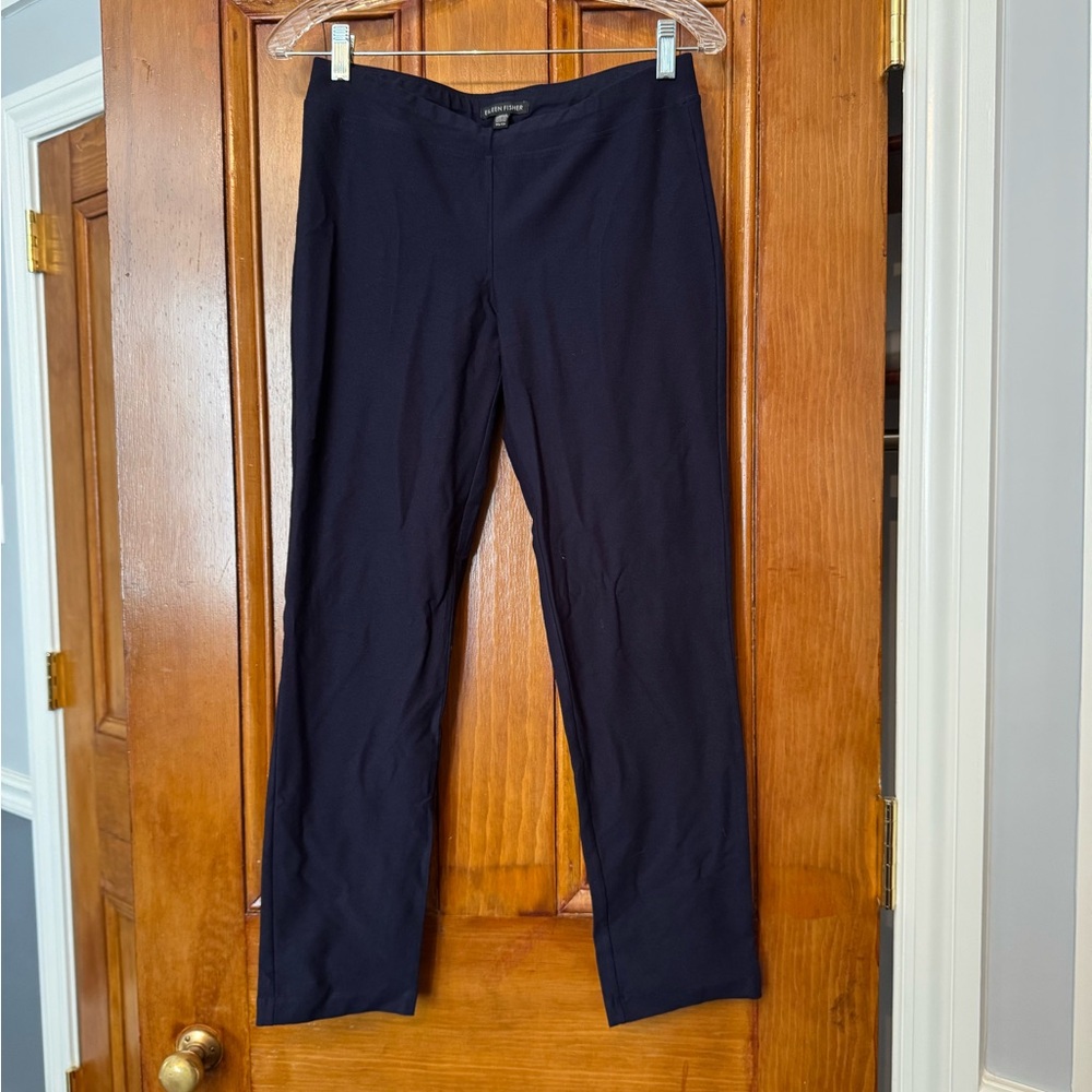 Eileen Fischer navy blue textured leggings, small stain on knee, size xs, GUC